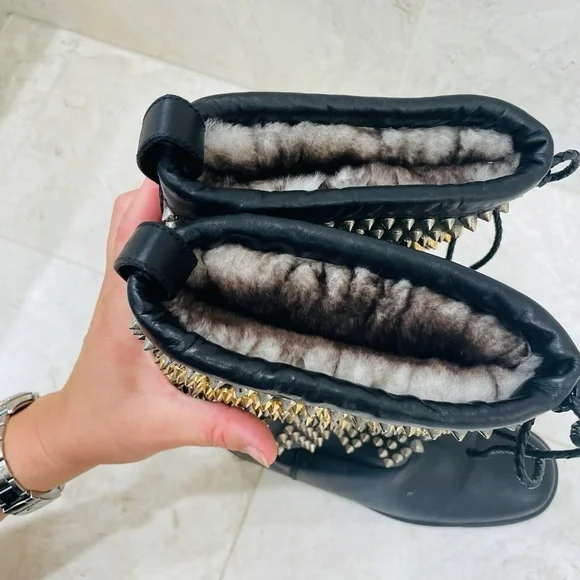 LOUBOUTIN {38} Boots Leather Studded Accents Lace-Up Boots - Picture 6 of 16